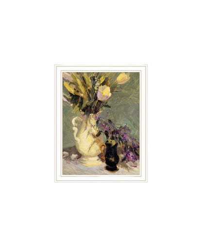 Set Of Two Abstract Tulips And Lavender Flower Vases White Framed Wall Art