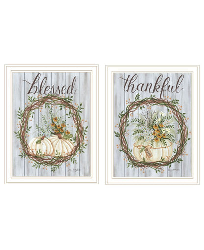 Set Of Two Thankful and Blessed Pumpkins White Framed Wall Art