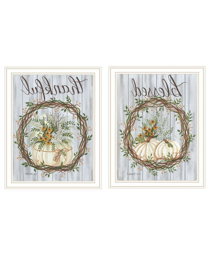 Set Of Two Thankful and Blessed Pumpkins White Framed Wall Art