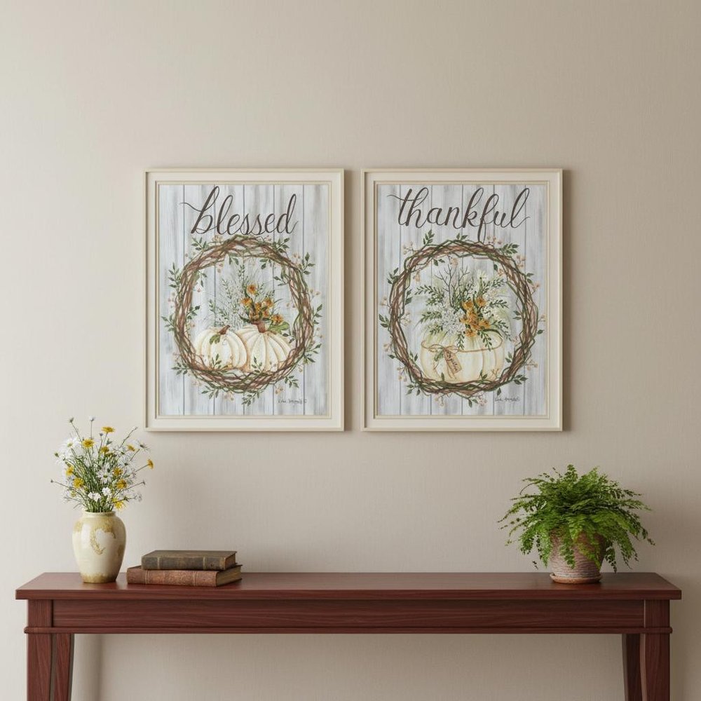 Set Of Two Thankful and Blessed Pumpkins White Framed Wall Art