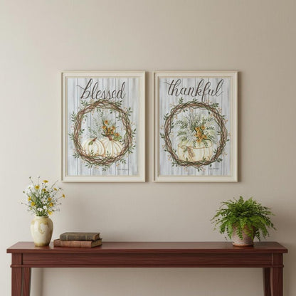 Set Of Two Thankful and Blessed Pumpkins White Framed Wall Art