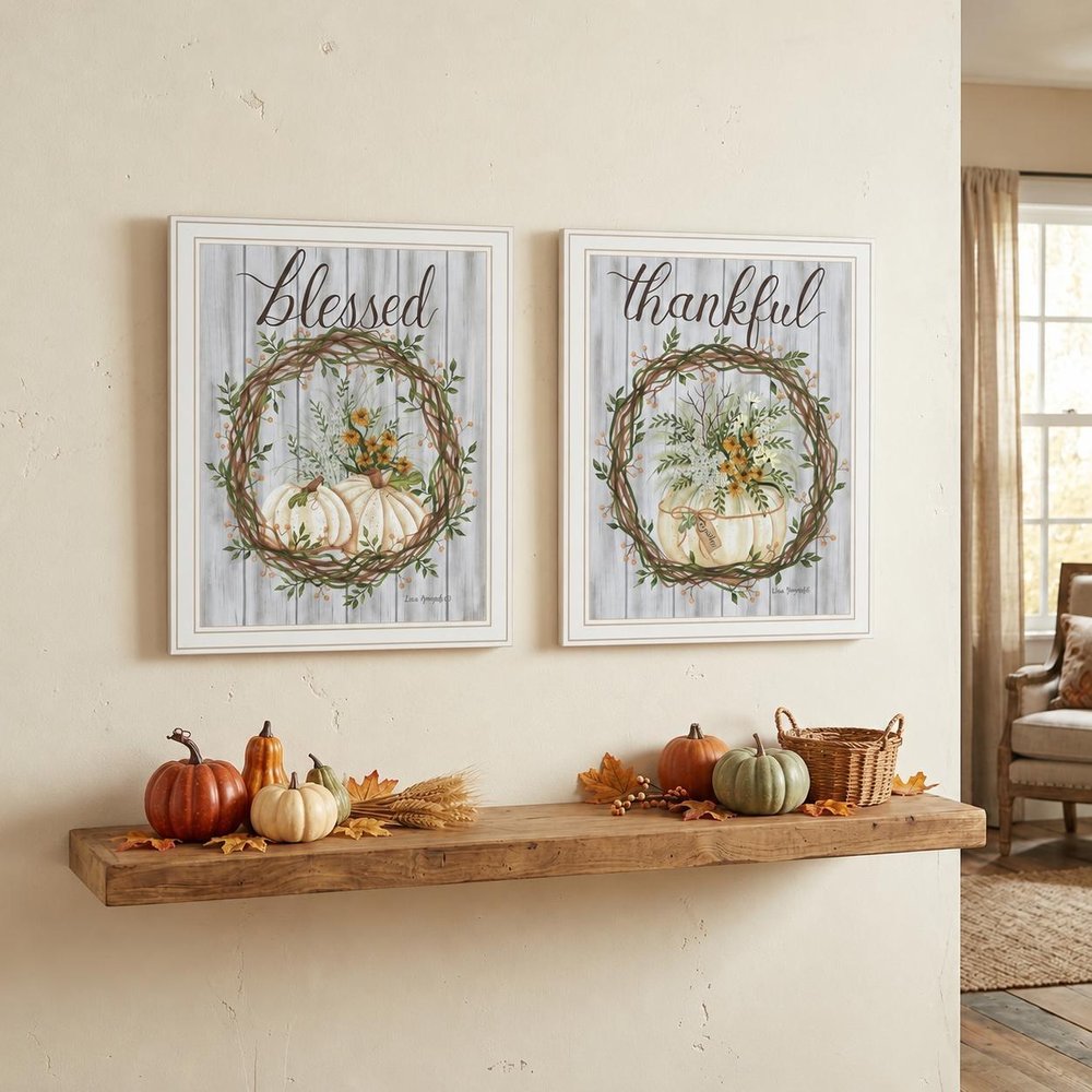 Set Of Two Thankful and Blessed Pumpkins White Framed Wall Art — view 7