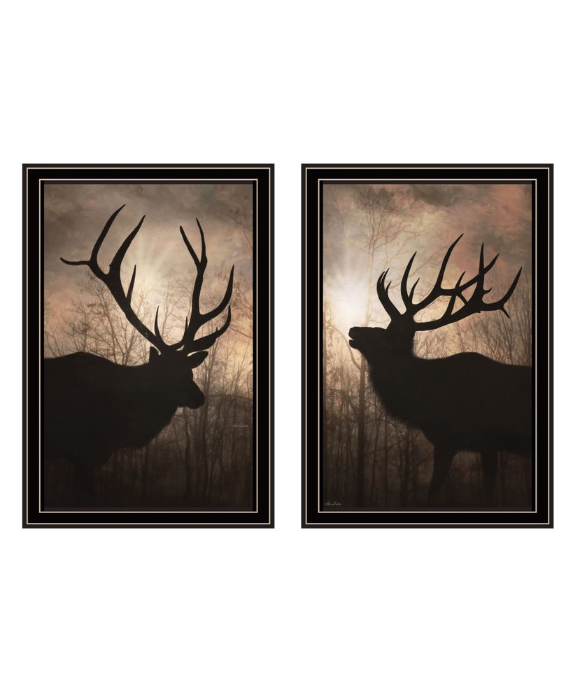Set Of Two Elk at Sunrise Black Framed Wall Art