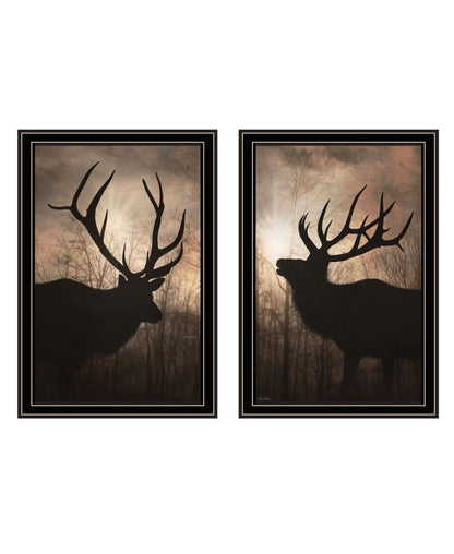 Set Of Two Elk at Sunrise Black Framed Wall Art