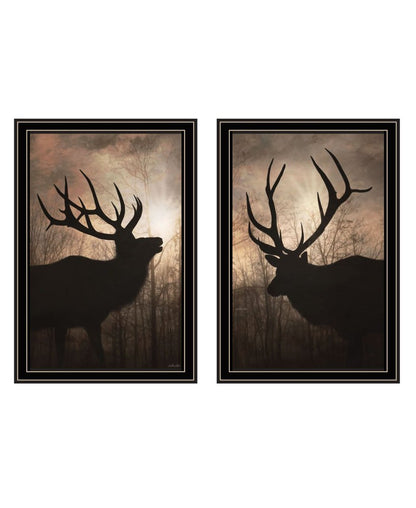 Set Of Two Elk at Sunrise Black Framed Wall Art