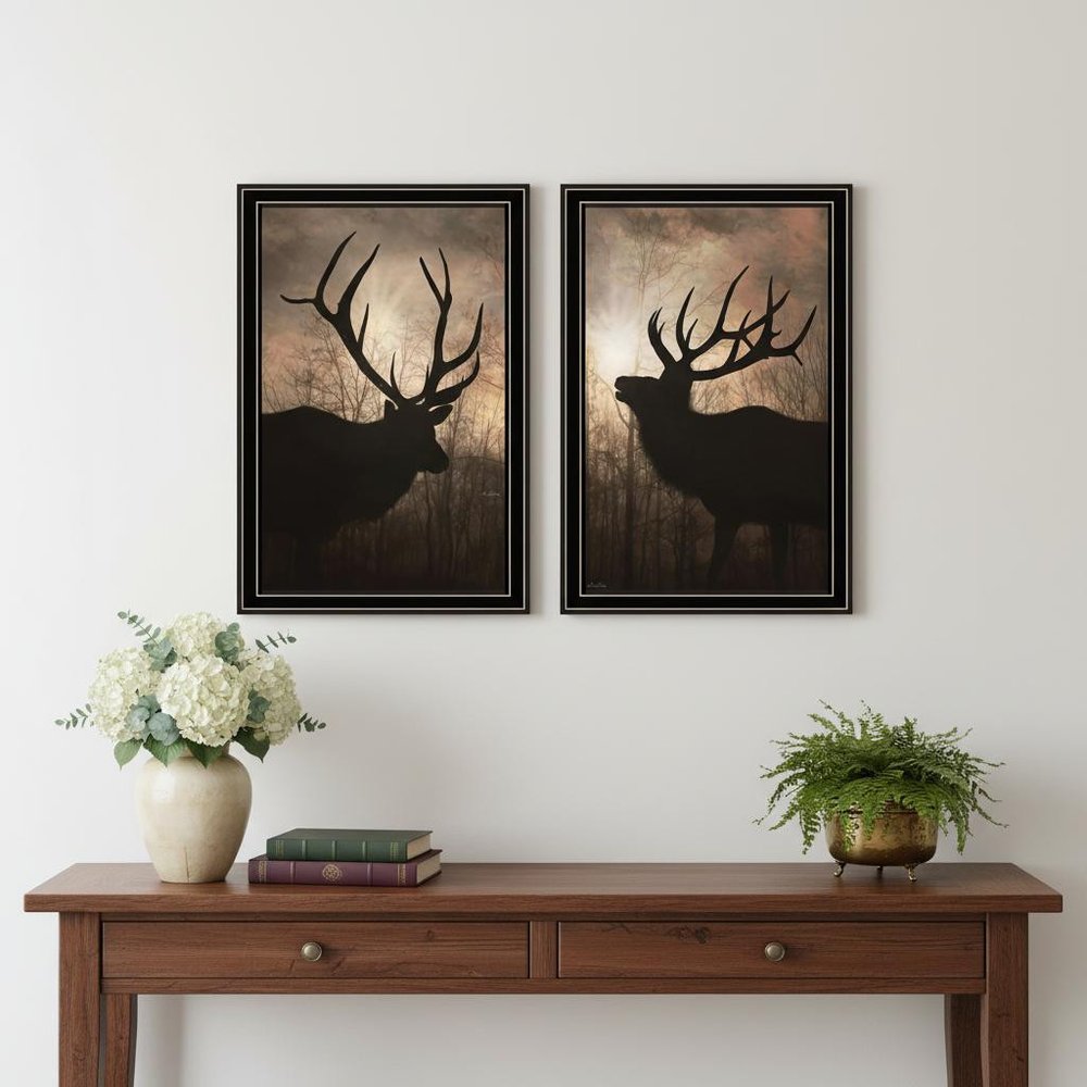 Set Of Two Elk at Sunrise Black Framed Wall Art