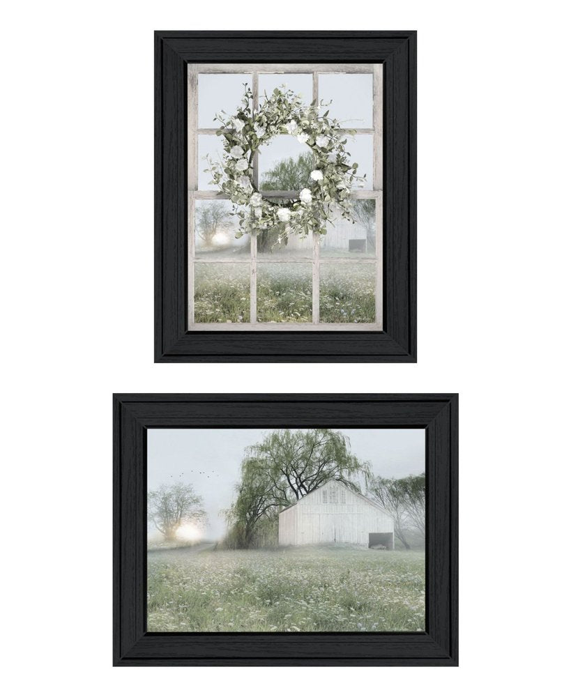 Set Of Two Green Country Morning Black Framed Wall Art — view 1