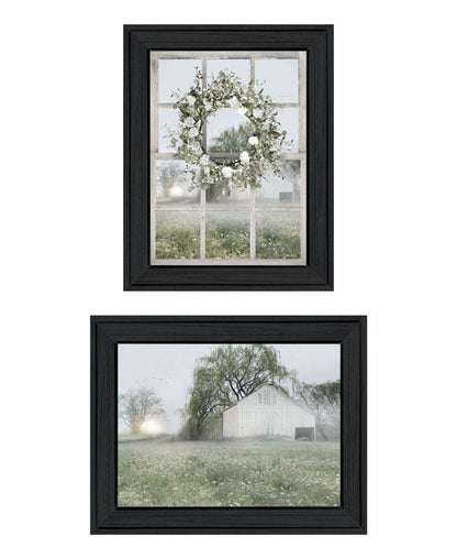 Set Of Two Green Country Morning Black Framed Wall Art