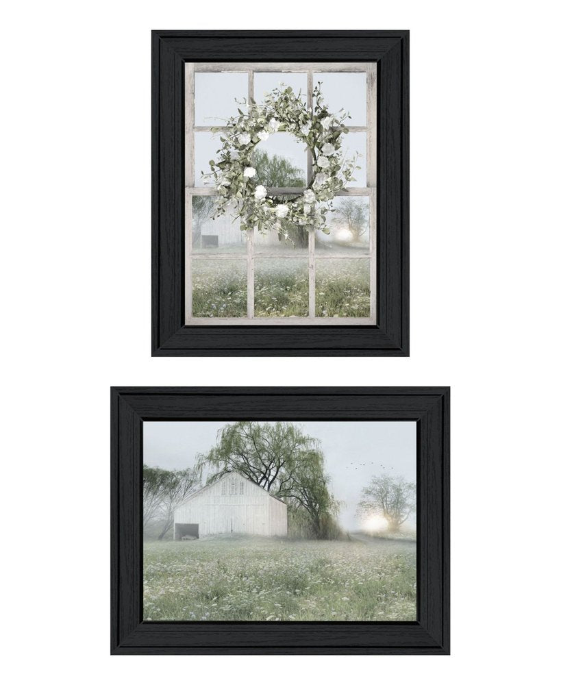 Set Of Two Green Country Morning Black Framed Wall Art