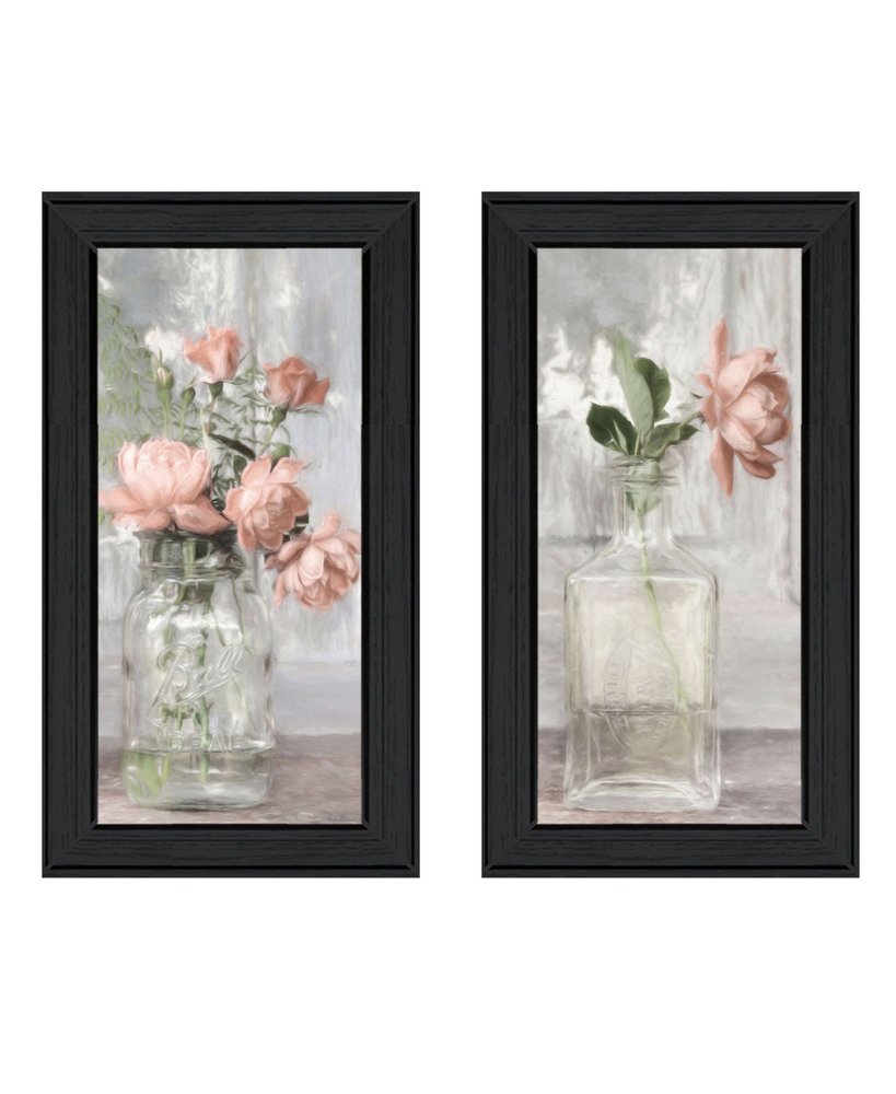 Set Of Two Cottage Peach Rose Black Framed Wall Art — view 1