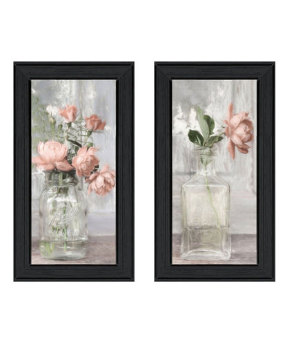 Set Of Two Cottage Peach Rose Black Framed Wall Art