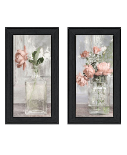 Set Of Two Cottage Peach Rose Black Framed Wall Art