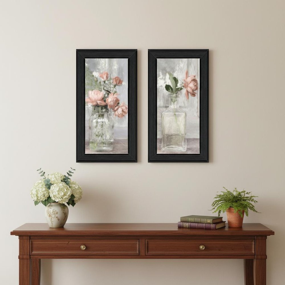 Set Of Two Cottage Peach Rose Black Framed Wall Art