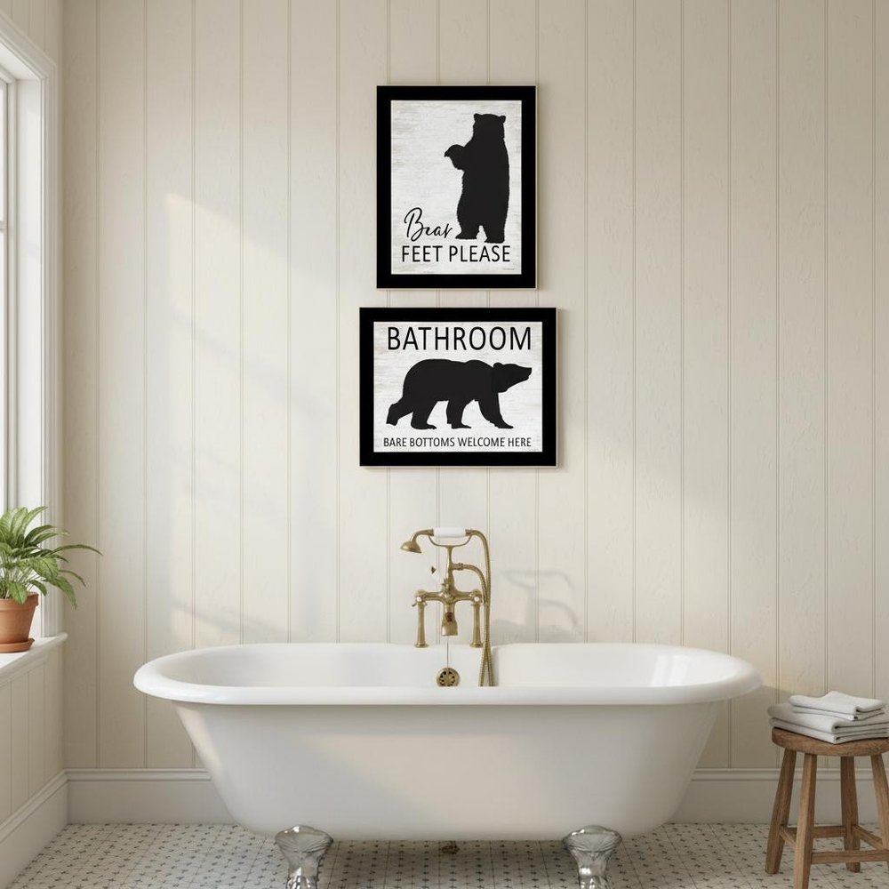 Set Of Two Bear Bottoms Welcome Here Black Framed Bathroom Wall Art