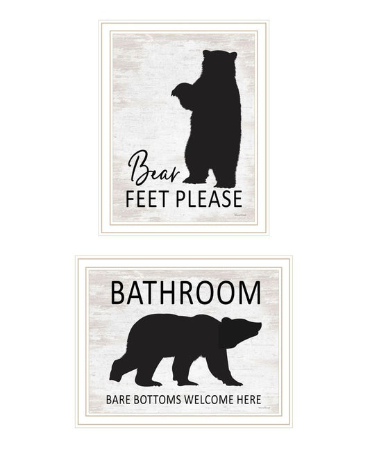 Set Of Two Bear Bottoms Welcome Here White Framed Bathroom Wall Art