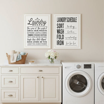 Set Of Two Laundry Rules And Schedules White Framed Laundry Wall Art