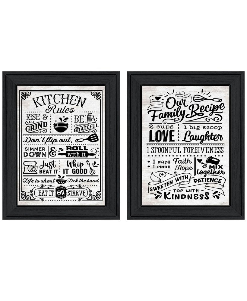 Set Of Two Our Family Kitchen Rules And Recipes Black Framed Kitchen Wall Art
