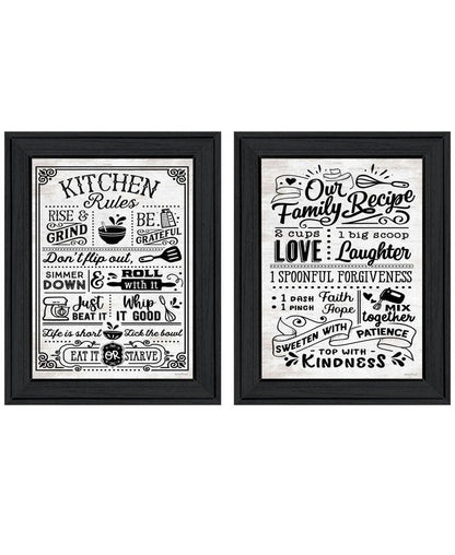 Set Of Two Our Family Kitchen Rules And Recipes Black Framed Kitchen Wall Art