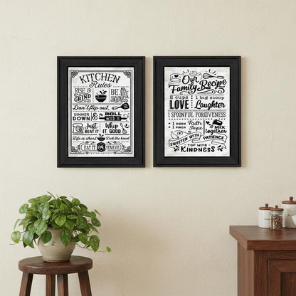 Set Of Two Our Family Kitchen Rules And Recipes Black Framed Kitchen Wall Art