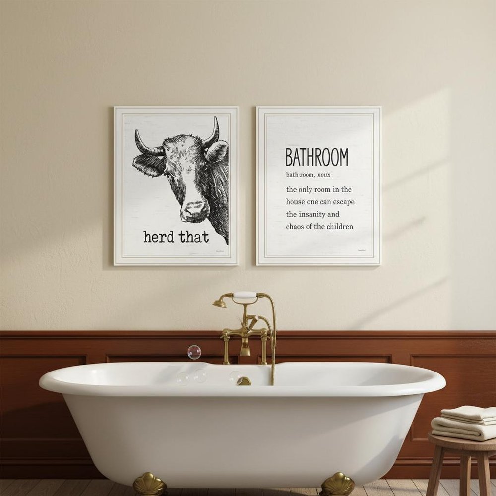 Set Of Two HERD THAT! White Framed Bathroom Wall Art — view 4