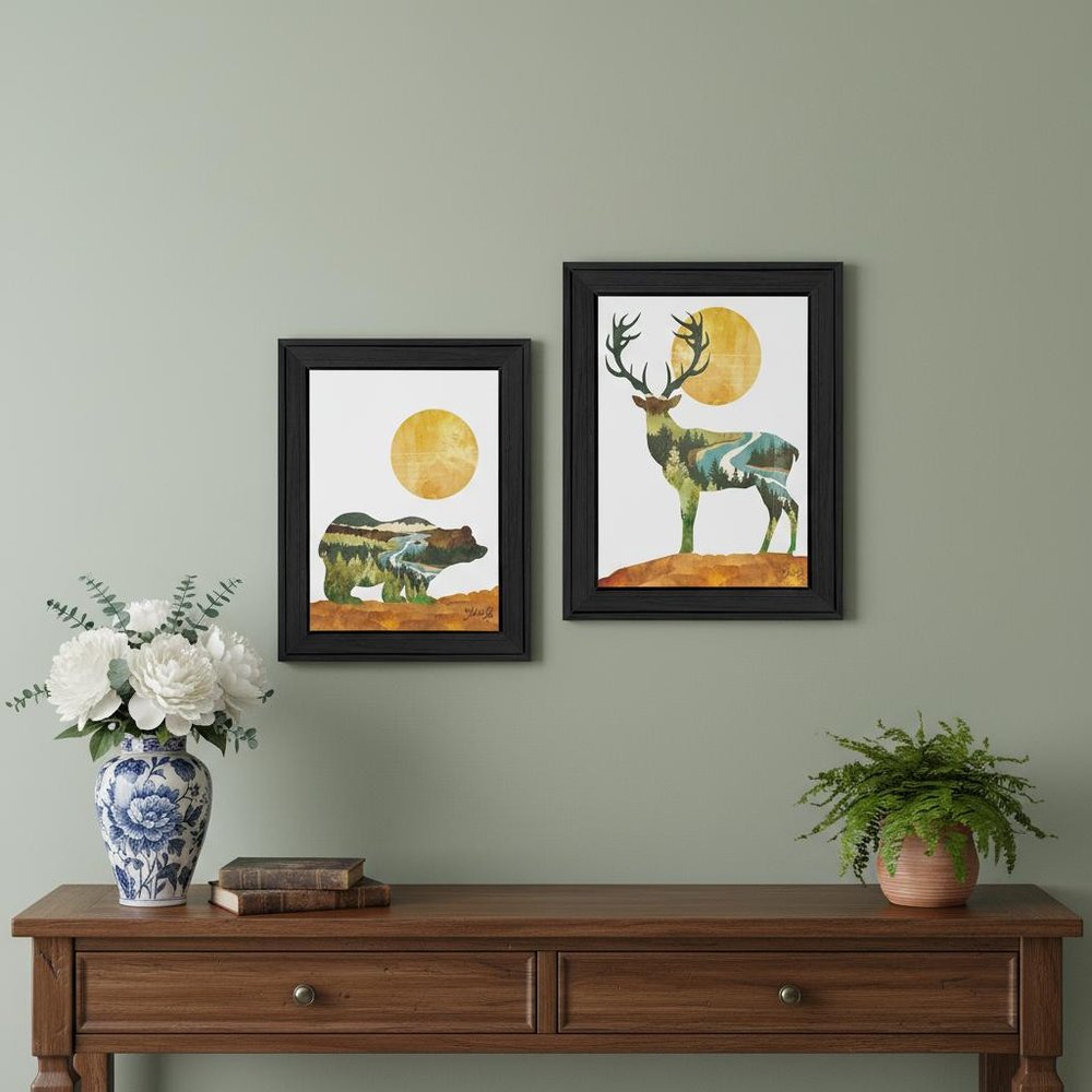 Set Of Two Bear and Deer Black Framed Wall Art