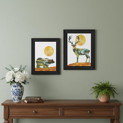 Set Of Two Bear and Deer Black Framed Wall Art