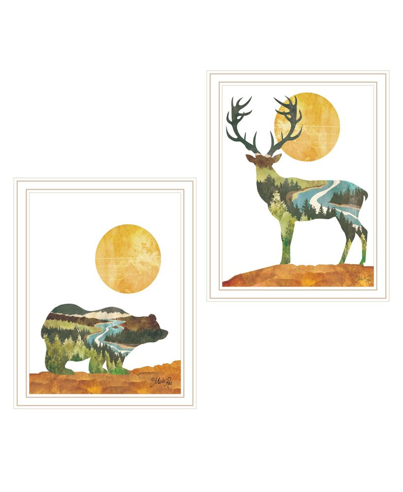 Set Of Two Bear and Deer White Framed Wall Art