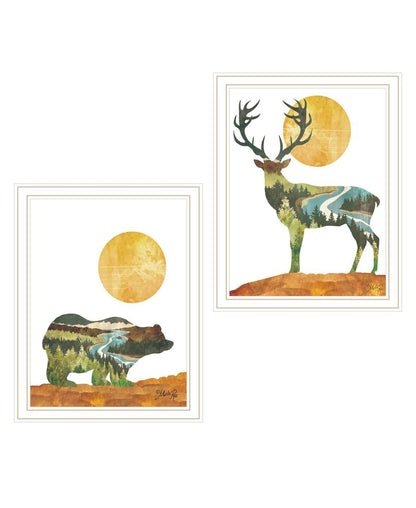 Set Of Two Bear and Deer White Framed Wall Art