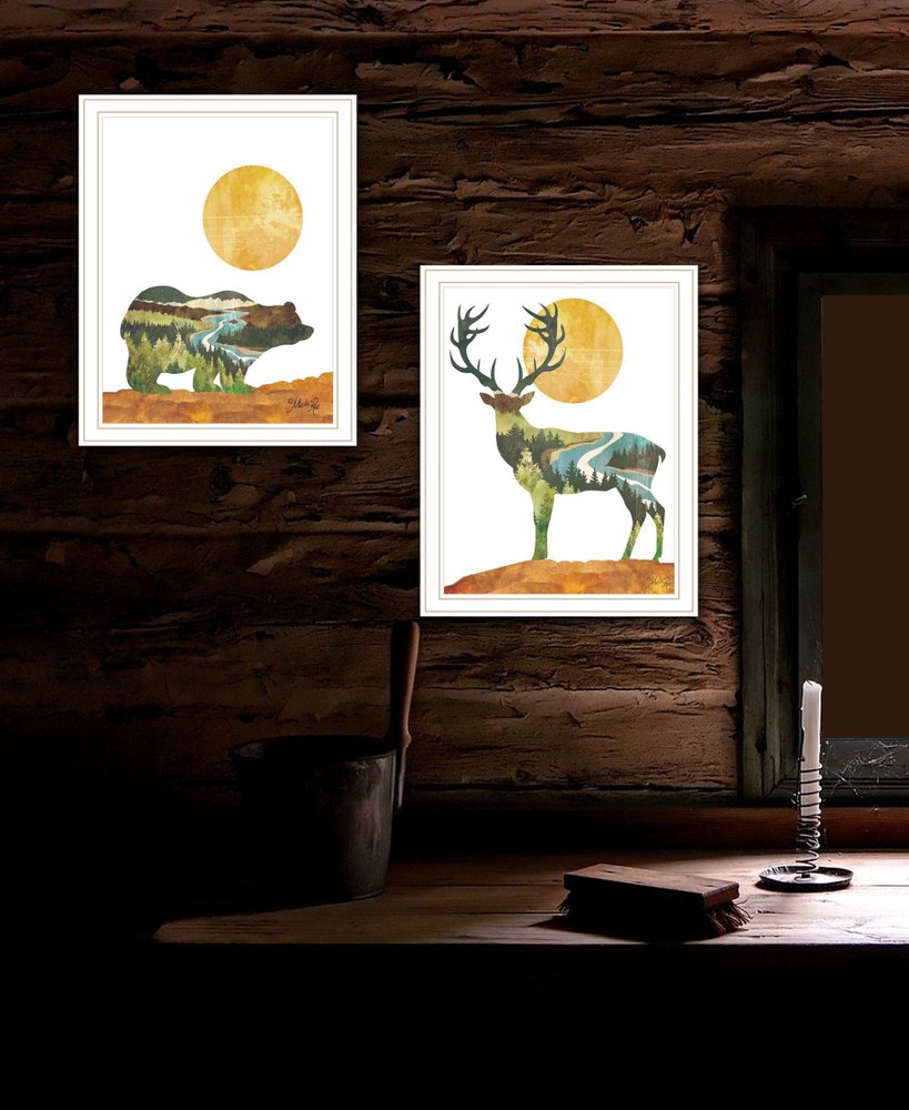 Set Of Two Bear and Deer White Framed Wall Art