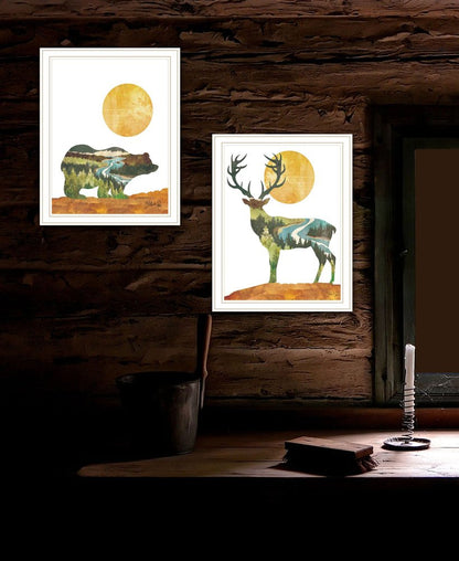 Set Of Two Bear and Deer White Framed Wall Art