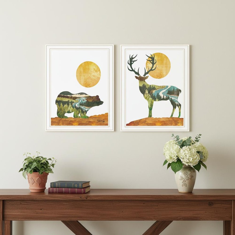 Set Of Two Bear and Deer White Framed Wall Art — view 5