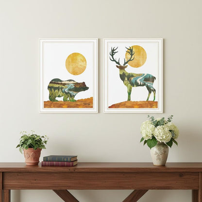 Set Of Two Bear and Deer White Framed Wall Art