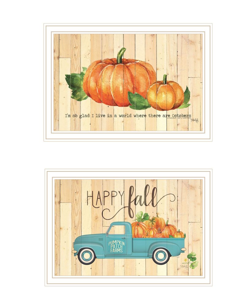 Set Of Two Happy Fall-October Pumpkins White Framed Wall Art