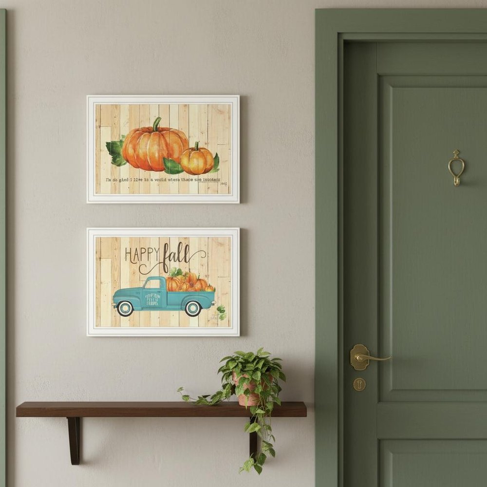 Set Of Two Happy Fall-October Pumpkins White Framed Wall Art