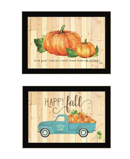 Set Of Two Happy Fall Pumpkins Distressed Black Framed Wall Art