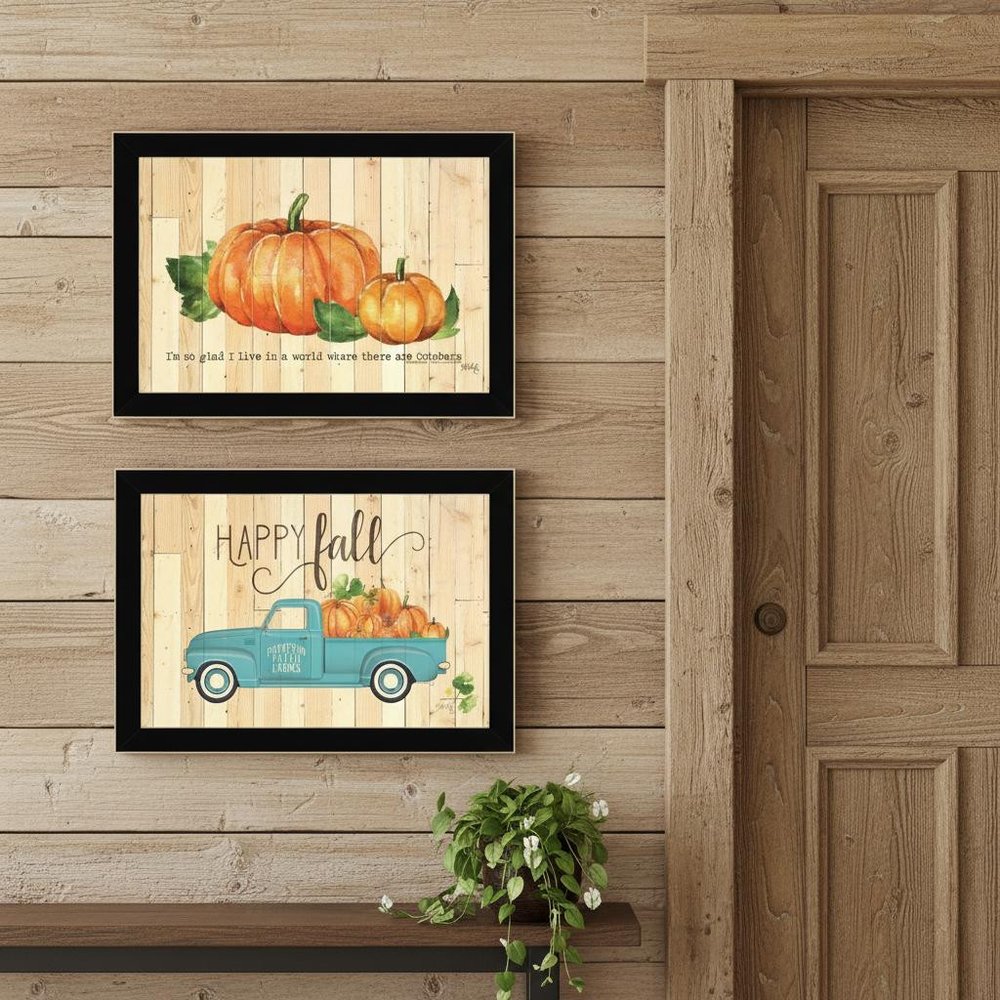 Set Of Two Happy Fall Pumpkins Distressed Black Framed Wall Art — view 4