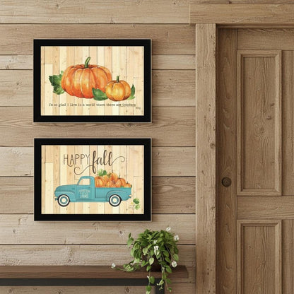 Set Of Two Happy Fall Pumpkins Distressed Black Framed Wall Art