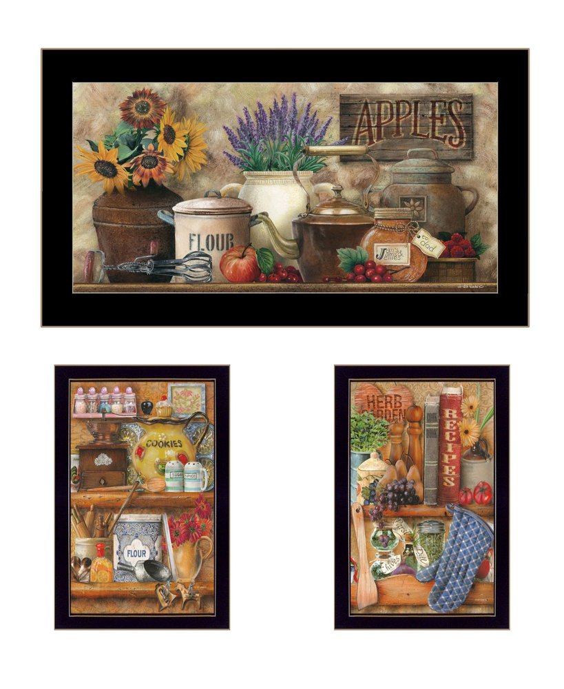 Set Of Three Antique Kitchen with Sugar And Spice Black Framed Kitchen Wall Art — view 1