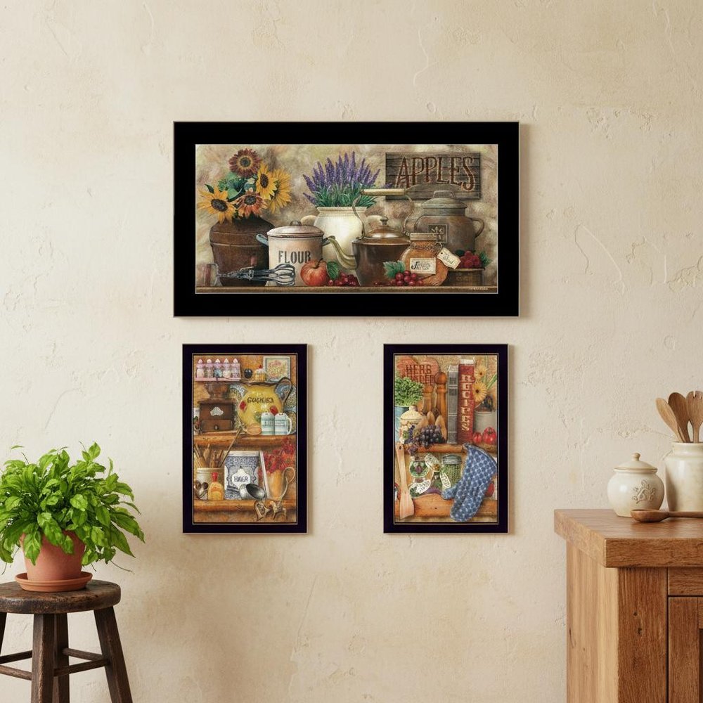 Set Of Three Antique Kitchen with Sugar And Spice Black Framed Kitchen Wall Art — view 4
