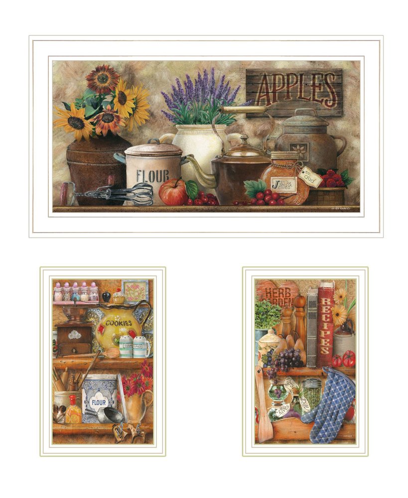 Set Of Three Antique Kitchen with Sugar And Spice White Framed Kitchen Wall Art