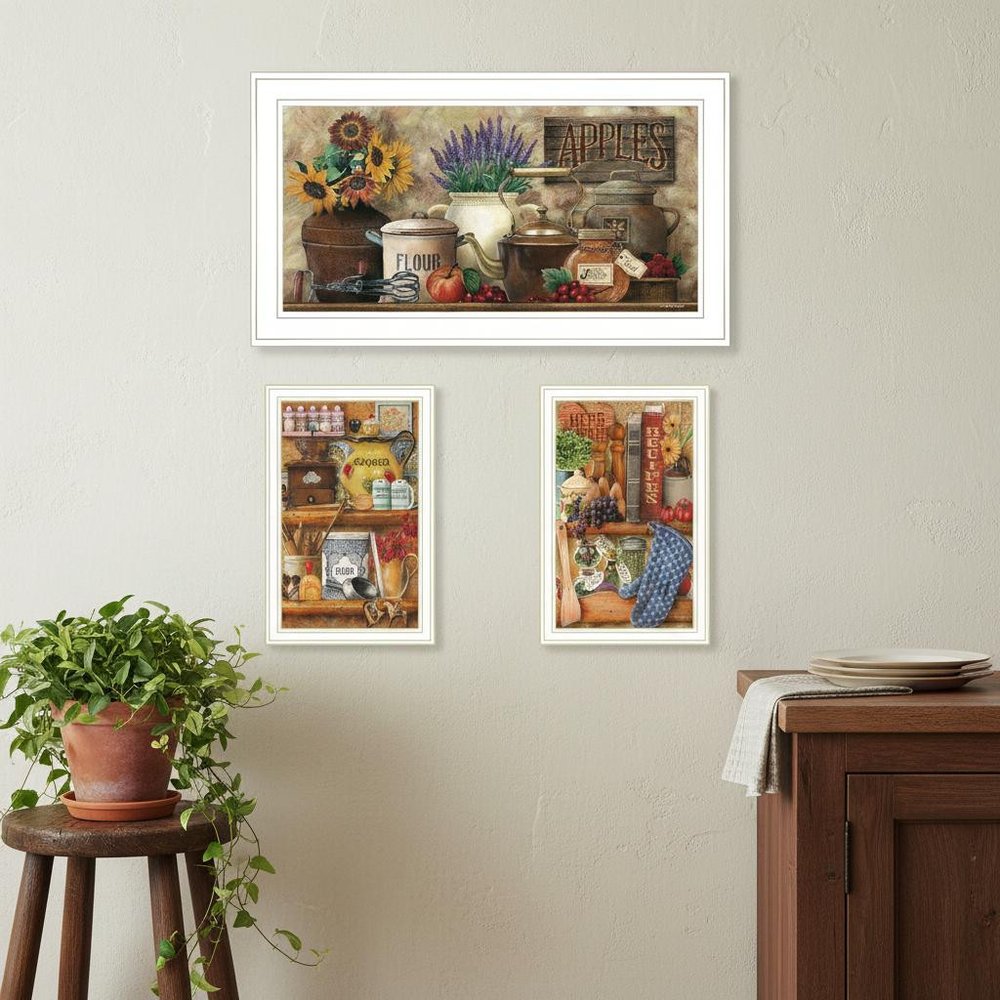 Set Of Three Antique Kitchen with Sugar And Spice White Framed Kitchen Wall Art