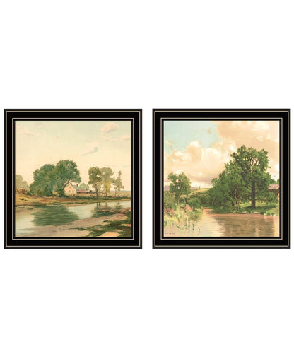 Set Of Two Country Pond And Farmhouse Black Framed Wall Art