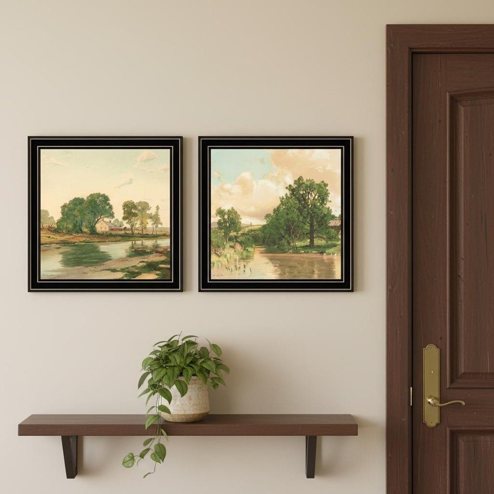 Set Of Two Country Pond And Farmhouse Black Framed Wall Art