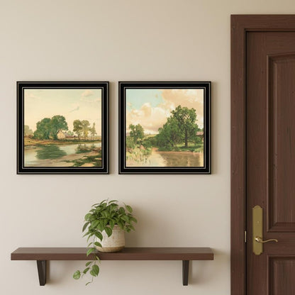 Set Of Two Country Pond And Farmhouse Black Framed Wall Art