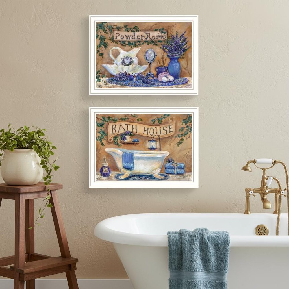 Set Of Two Lavender Bath White Framed Bathroom Wall Art