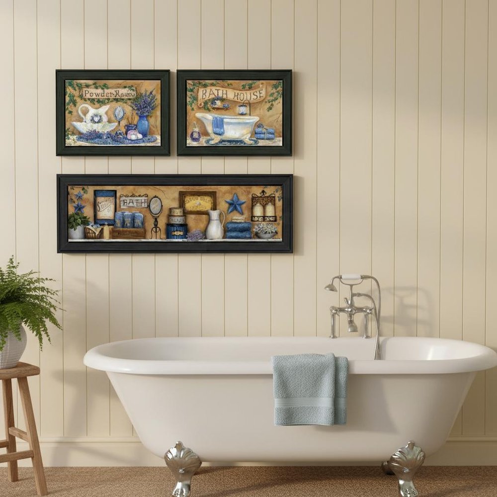 Set Of Three Rest And Relax with a Lavender Bath Black Framed Bathroom Wall Art HomeRoots