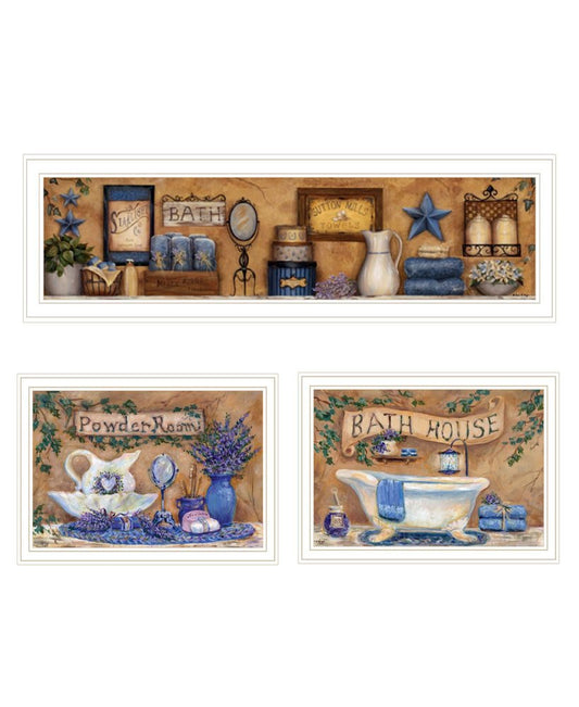 Set Of Three Rest And Relax with a Lavender Bath White Framed Bathroom Wall Art