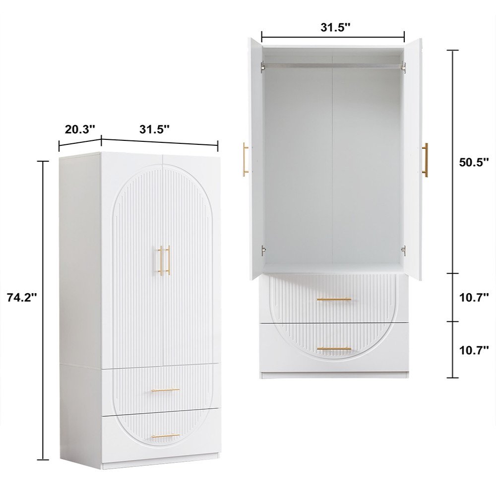 74" White Carved Geometric Two Door Two Drawer Combo Dresser HomeRoots