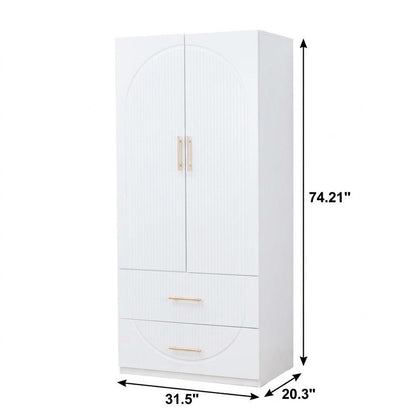 74" White Carved Geometric Wood And Melamine Two Door Two Drawer Combo Dresser