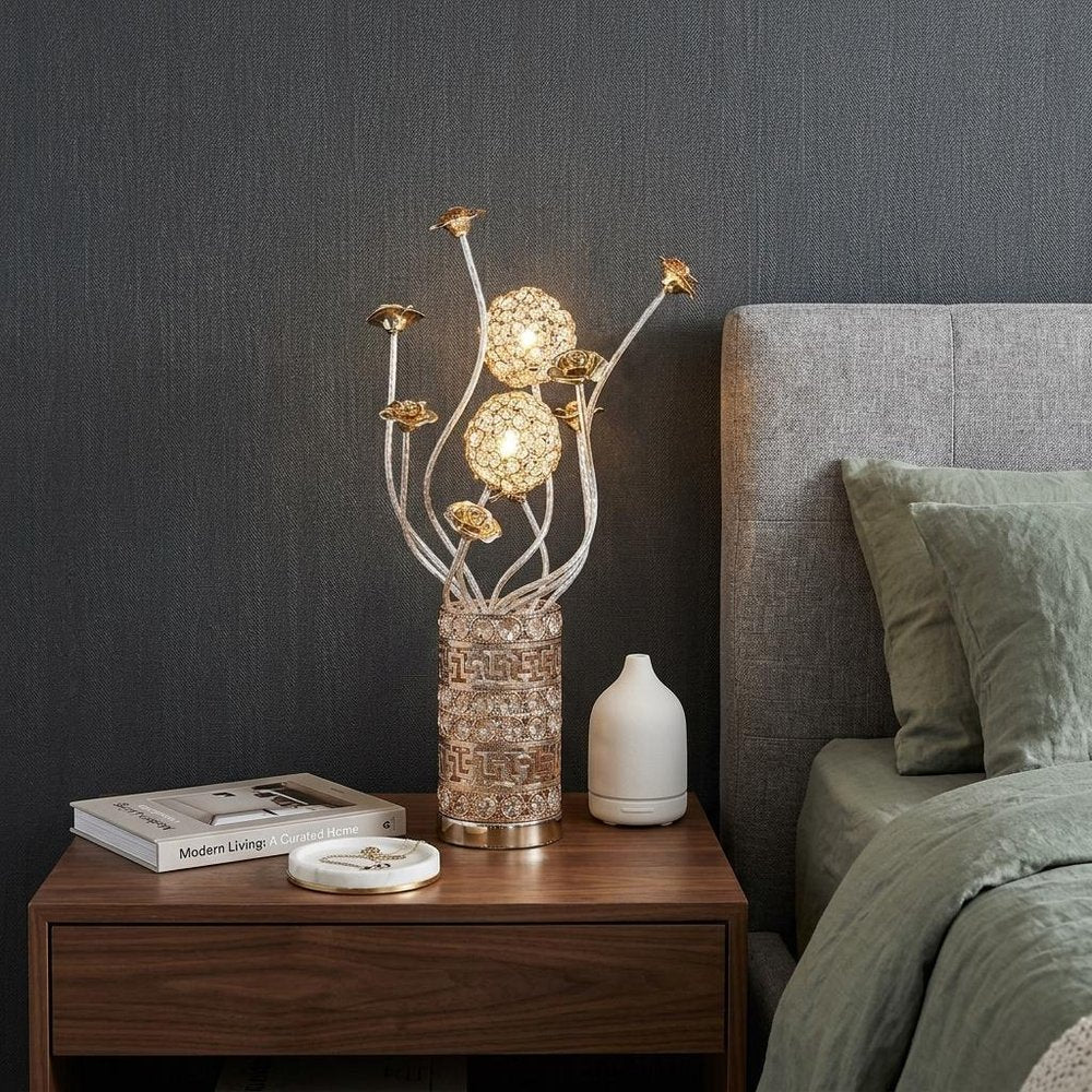 22" Silver And Rose Gold Metal And Acrylic Flowers Bedside Lamp HomeRoots